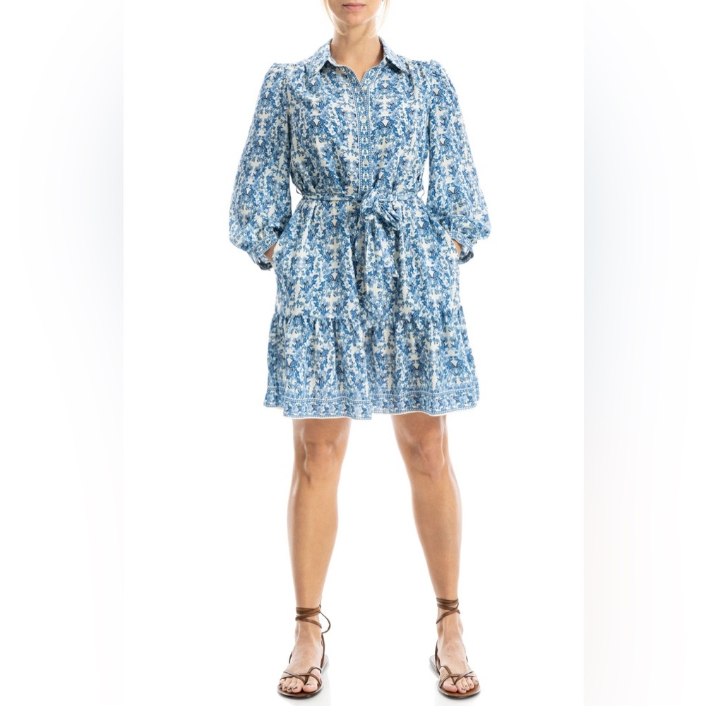 Max Studio Blue Floral Tie-Waist Mini Dress